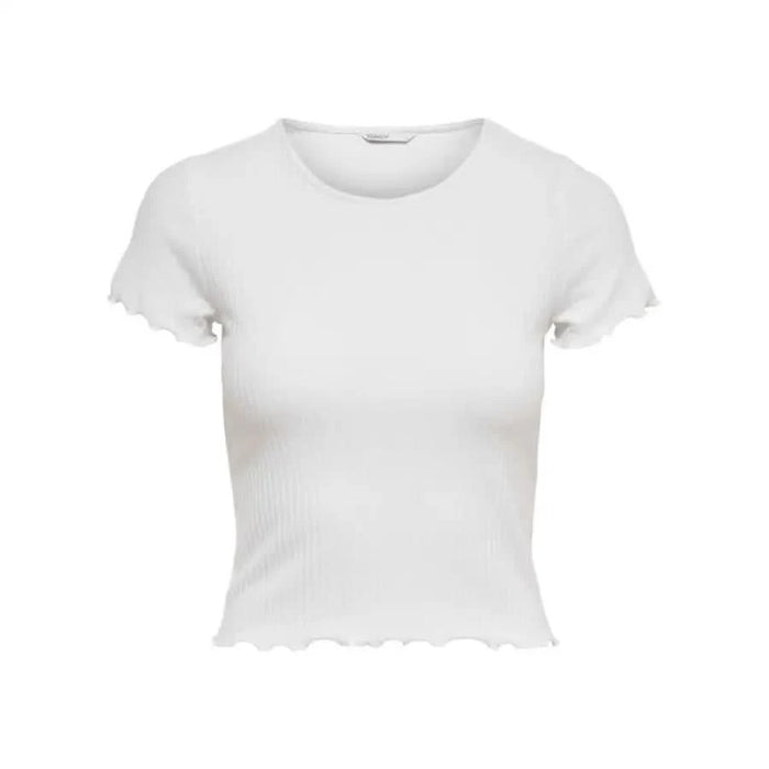 Only Women White Cropped T-Shirt with Short Sleeves and Scalloped Hem