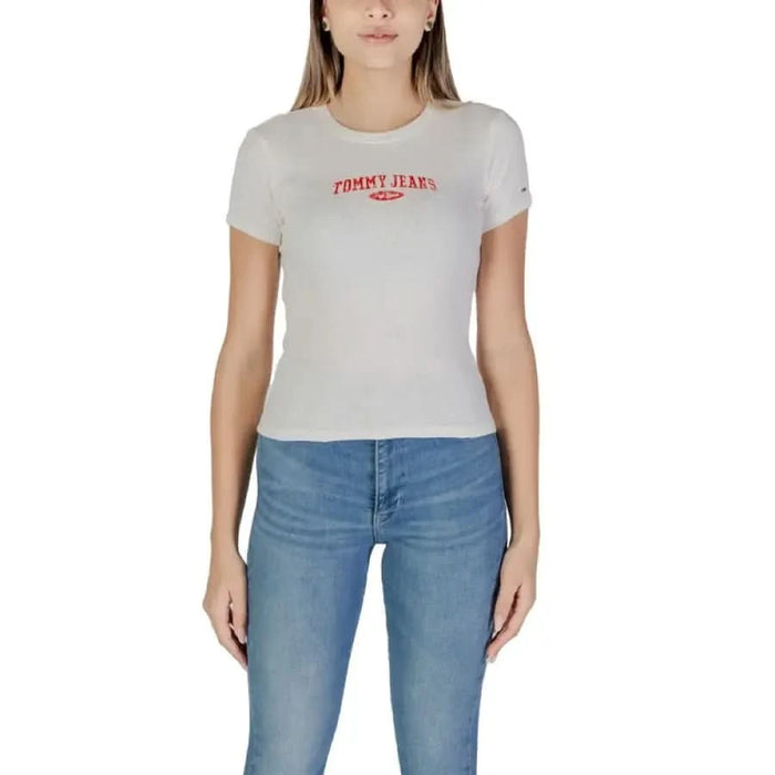 White cropped t-shirt featuring red Tommy Jeans logo for women by Tommy Hilfiger