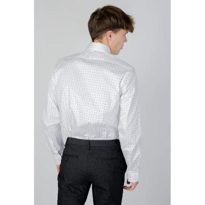 Calvin Klein Men Shirt - White dress shirt with small polka dot pattern worn from back view