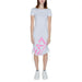 Stylish white EA7 fitted t-shirt dress with pink logo and ruched sides for women