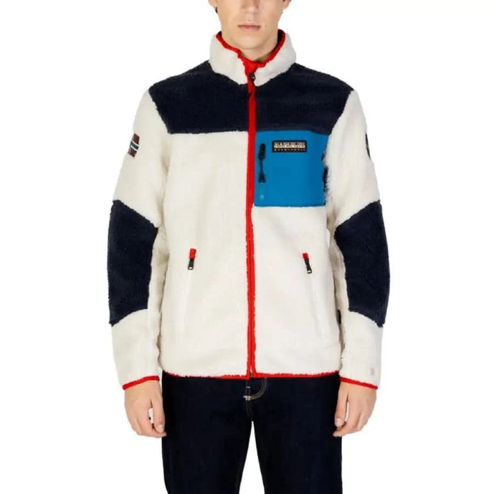 White fleece jacket with navy panels and red zipper trim from Napapijri Men Sweatshirts