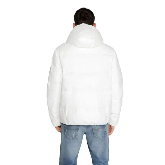 White fluffy Calvin Klein Men Jacket viewed from the back, showcasing its soft texture