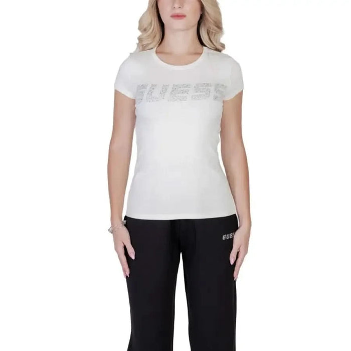 White Guess logo t-shirt with short sleeves for women from Guess brand