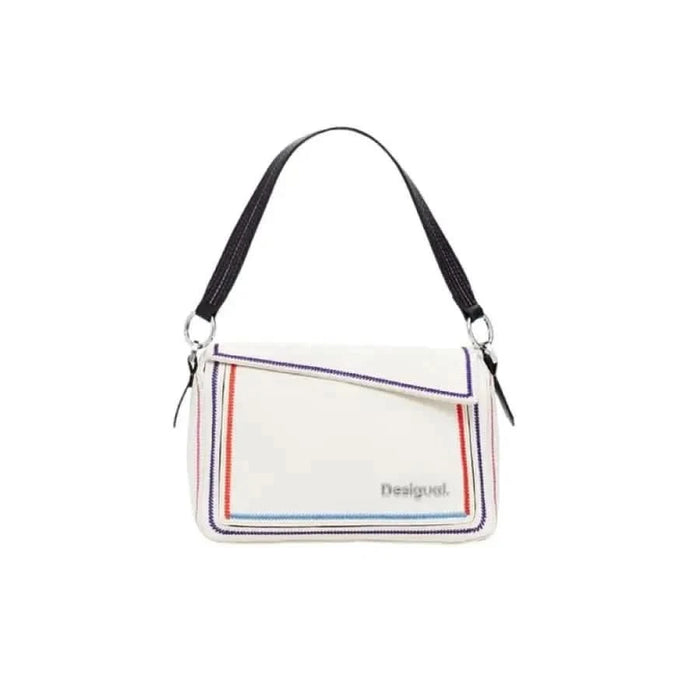 White handbag with colorful striped trim and black strap by Desigual Women Bag