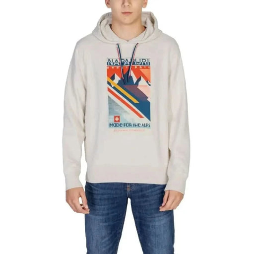 White hoodie with colorful geometric graphic design and Napapijri logo for men