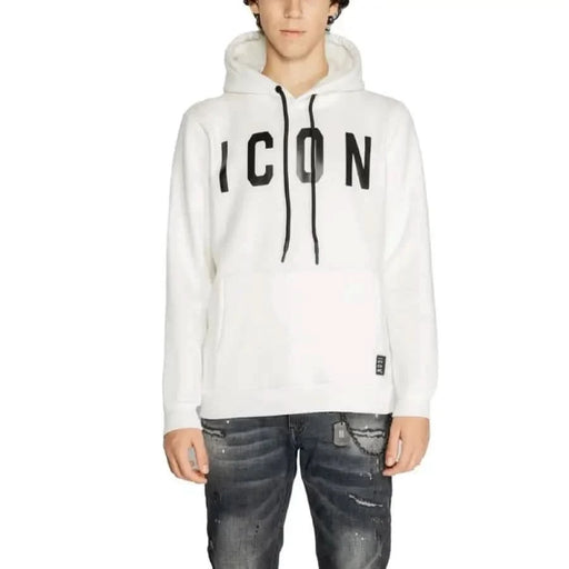 White round neck hoodie with large black ICON print from Icon Men Sweatshirts