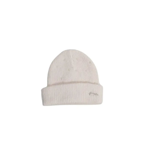 White knit beanie featuring a small embroidered logo from Guess Women Cap collection