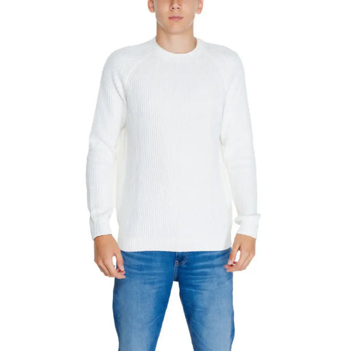 White knit crew neck sweater for men from Calvin Klein Jeans