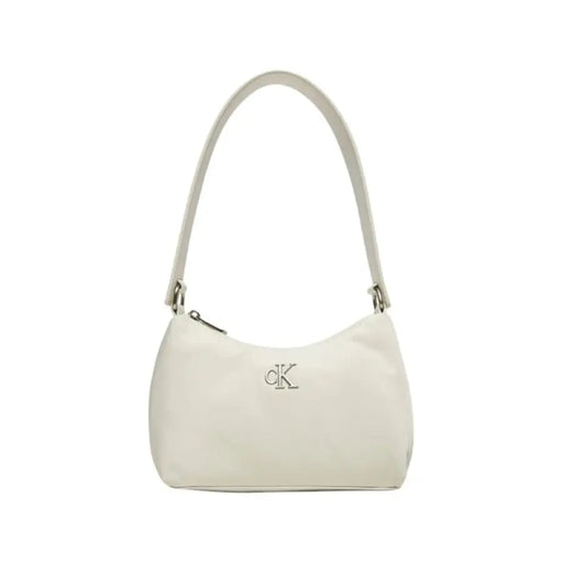 White leather Calvin Klein shoulder bag with curved handle and CK logo, perfect for women