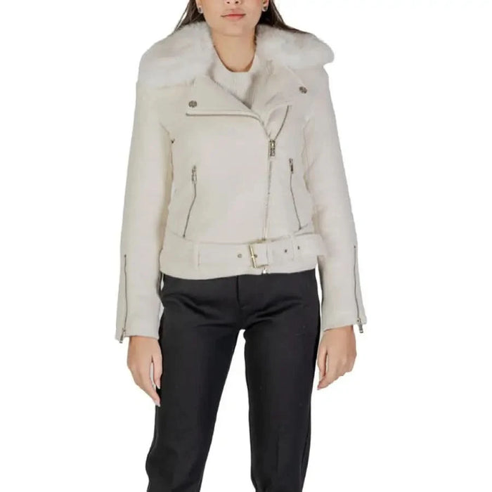 White leather moto jacket with silver zippers and fur collar from Guess Women Jacket