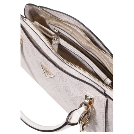 White leather Prada handbag with gold hardware and zippered compartments in Guess product