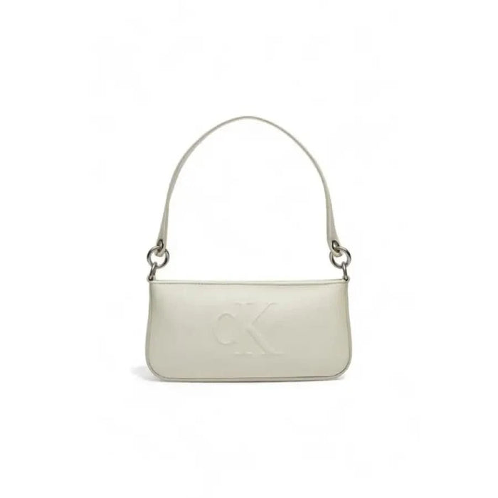 White leather shoulder bag with short strap and embossed logo by Calvin Klein Jeans