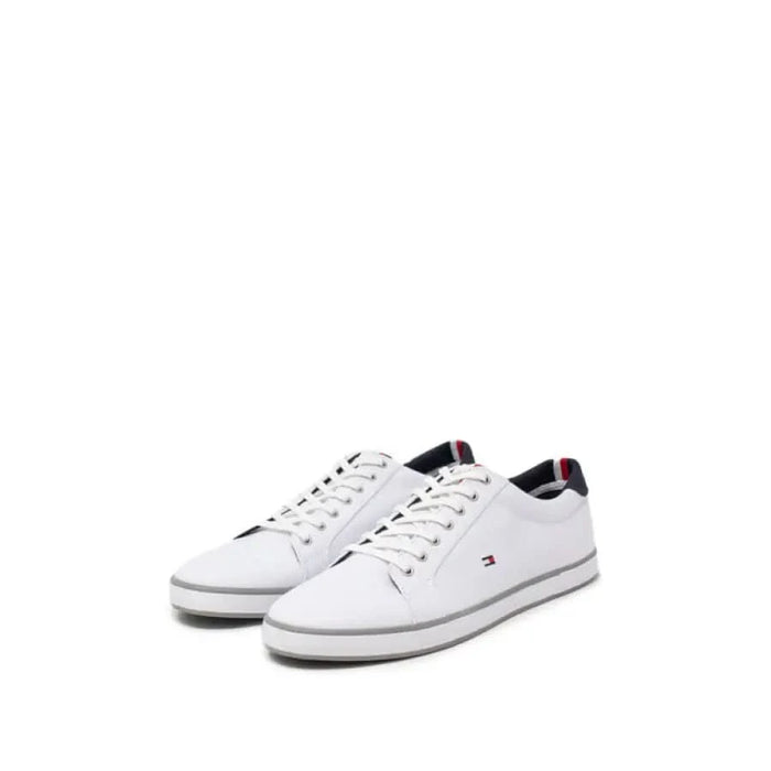 White leather Tommy Hilfiger men sneakers with navy and red accents and logo