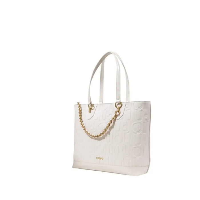 White leather tote bag with gold chain detail and embossed pattern by Liu Jo