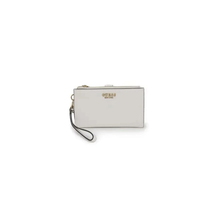 White leather Guess wristlet wallet with gold branding for women