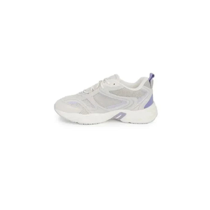 Calvin Klein Women Sneakers: White and light purple mesh athletic shoe with chunky sole