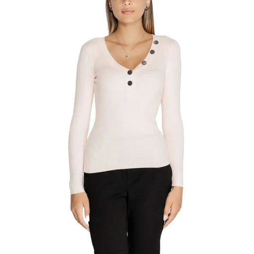 White long-sleeved top with asymmetrical button detail from Morgan De Toi Women Knitwear