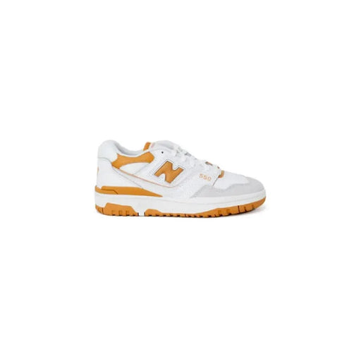 White and orange New Balance 550 sneaker with chunky sole for women