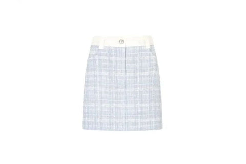 White plaid mini skirt featuring zipper closure for retro style outfit inspiration.