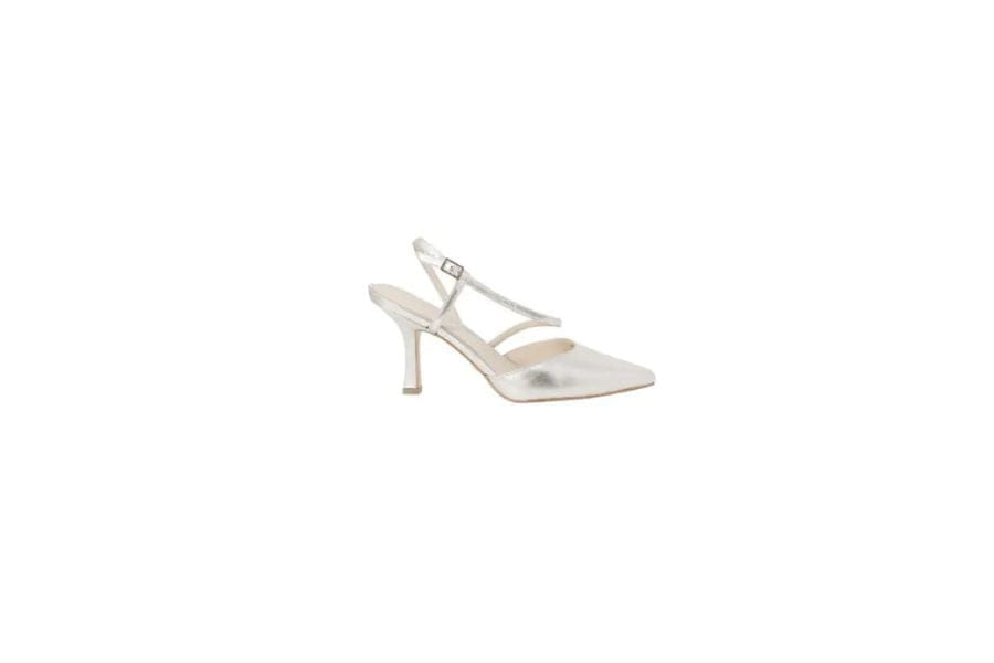 White pointed-toe slingback heel with thin strap, perfect for summer work outfits and chic looks.