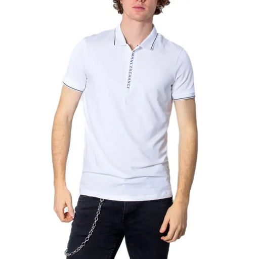 White Polo Shirt with Contrasting Button Placket and Collar Trim by Armani Exchange