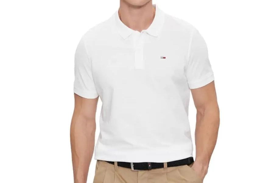 White polo shirt with logo ideal for smart casual men summer attire.