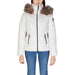 White puffer jacket with faux fur hood and black zip details by Only Women