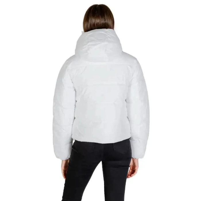 White puffy winter jacket with high collar view from back by Calvin Klein Jeans