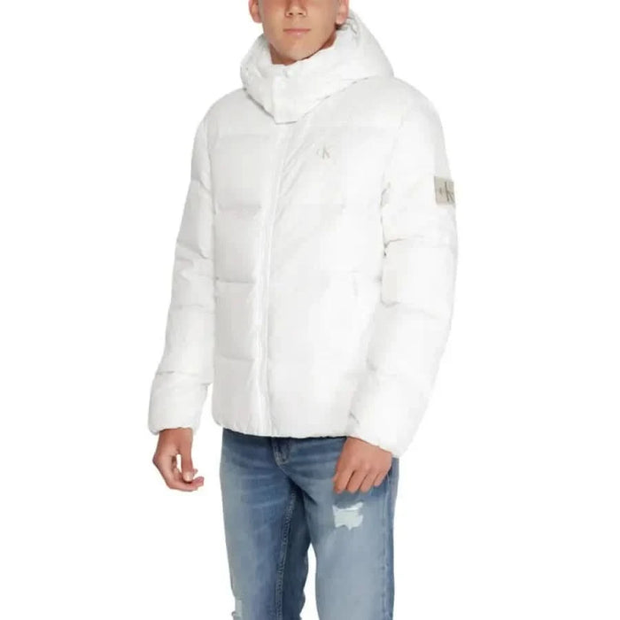 White puffy winter jacket with high collar and hood by Calvin Klein for men