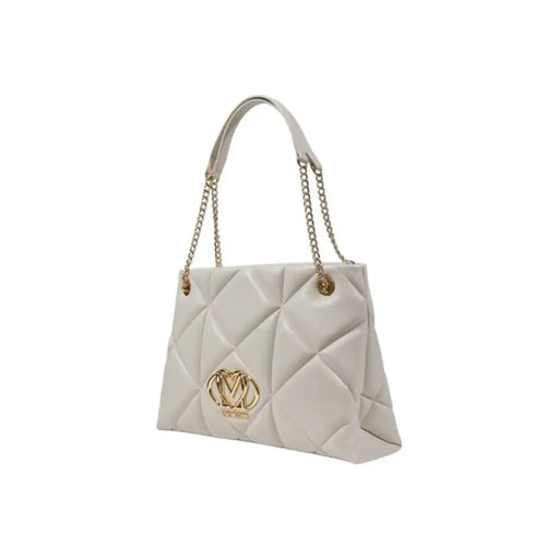 White quilted Love Moschino handbag with gold chain straps and metal logo embellishment