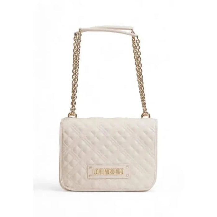 White quilted handbag with gold chain strap and Love Moschino branding for women