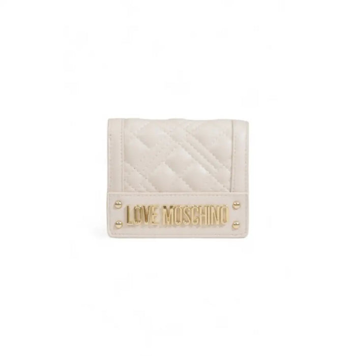 White quilted Love Moschino wallet featuring gold lettering on front