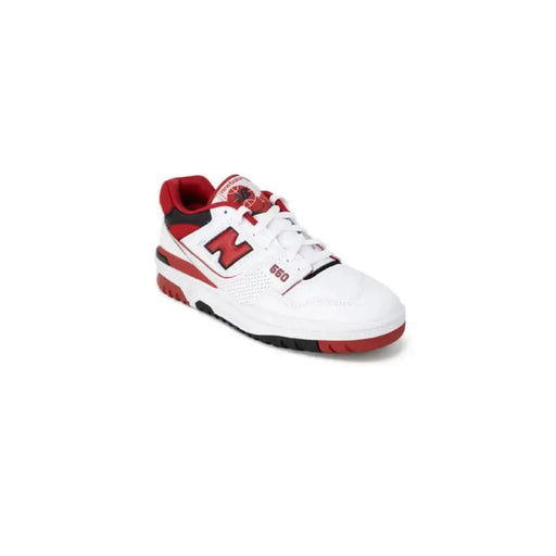 White and red New Balance Men Sneakers with black accents showcasing athletic design