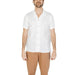 Hamaki-ho Men Shirt - White short-sleeved button-up with tan pants worn by a man