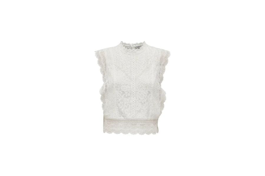 White sleeveless crop top with textured appearance for trendy summer outfit ideas to shop.