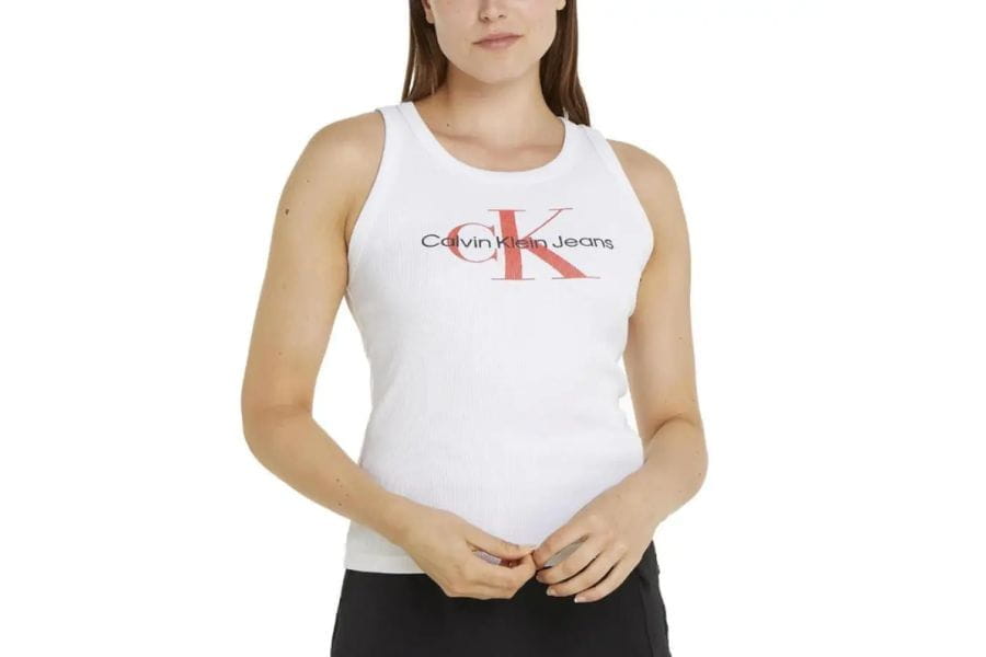 White sleeveless tank top featuring CK logo, ideal for summer work outfits and chic looks.