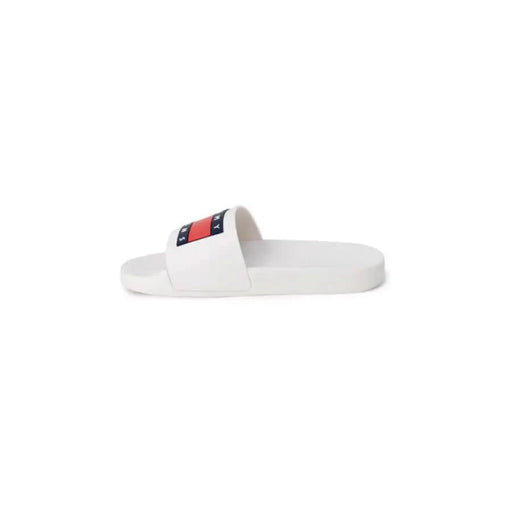 Tommy Hilfiger Jeans Women Slippers - White Slide Sandal with Red and Blue Logo on Strap