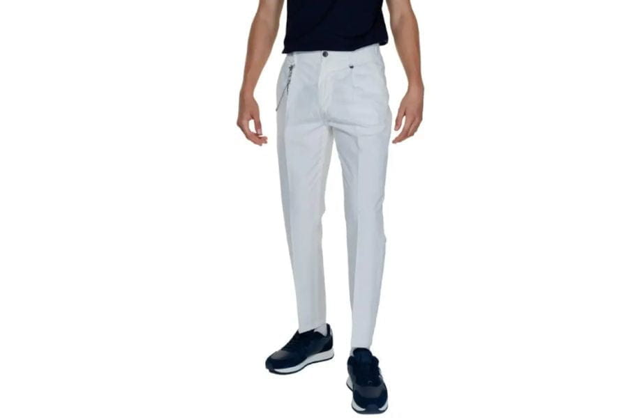 White slim-fit jeans worn by a man, ideal for a smart casual men summer outfit.