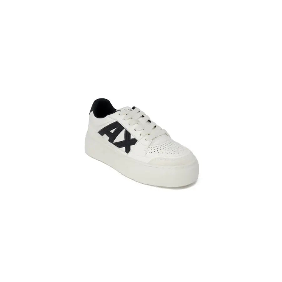 
                      
                        Armani Exchange Women Sneakers: White sneaker with ’AX’ logo, black heel accent, thick platform sole
                      
                    