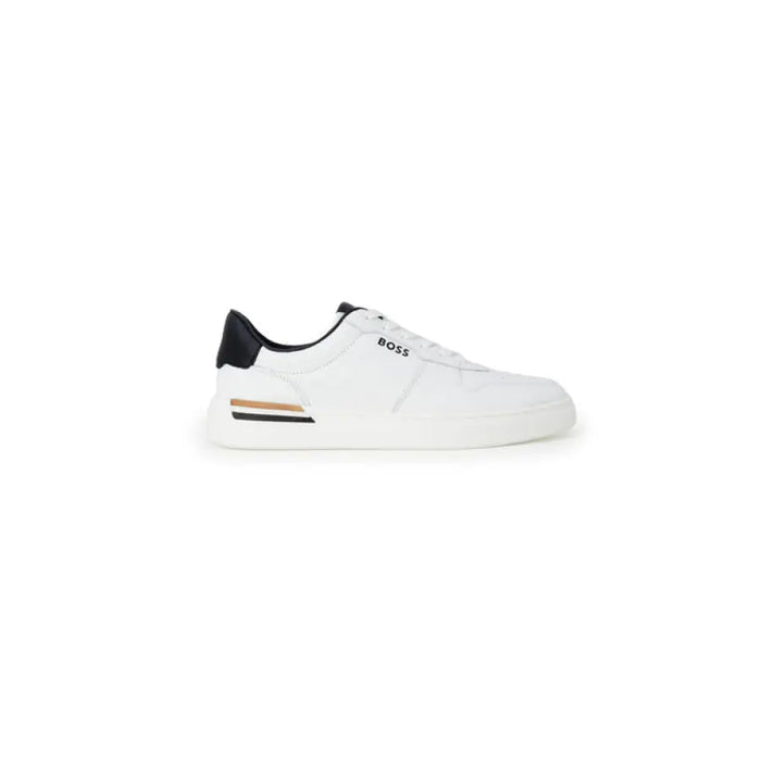 White sneakers with black heel detail and gold accents from Boss Men Sneakers