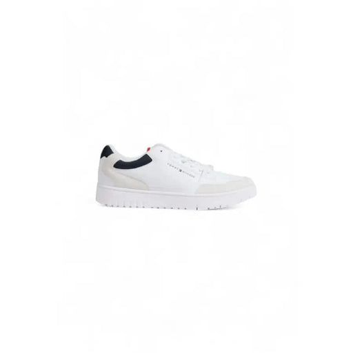 White Tommy Hilfiger sneakers featuring a stylish black heel accent