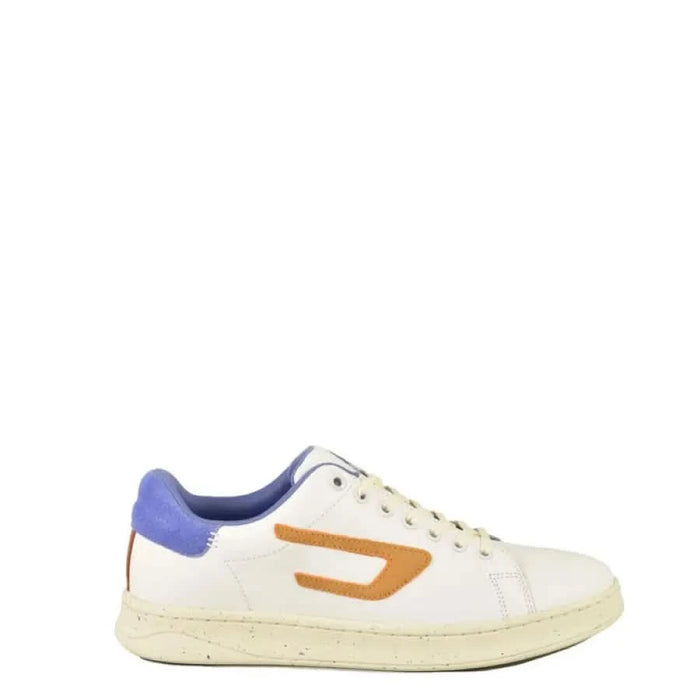 White Diesel Men Sneakers featuring blue heel accent and orange logo detail