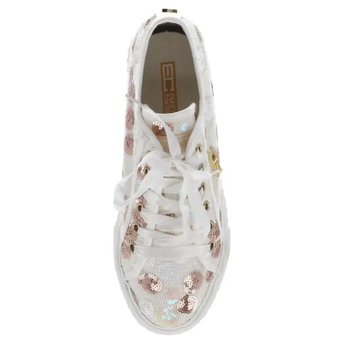 Enrico Coveri Women Sneakers: White sneaker with floral sequins and lace-up design