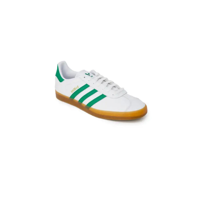 White Adidas sneakers with green stripes and gum sole for men