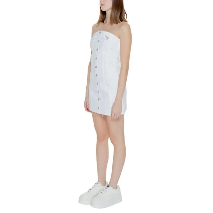 White strapless mini dress with buttons down the front by Tommy Hilfiger Jeans