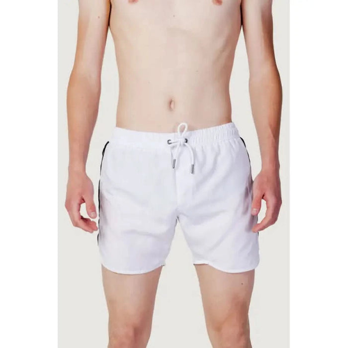 White swim shorts with drawstring waist and side stripes by Trussardi Beachwear Men Swimwear