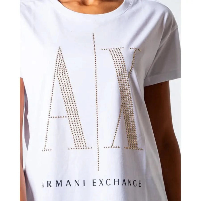 Armani Exchange white t-shirt with gold studded ’A|X’ and ’ARMANI EXCHANGE’ print