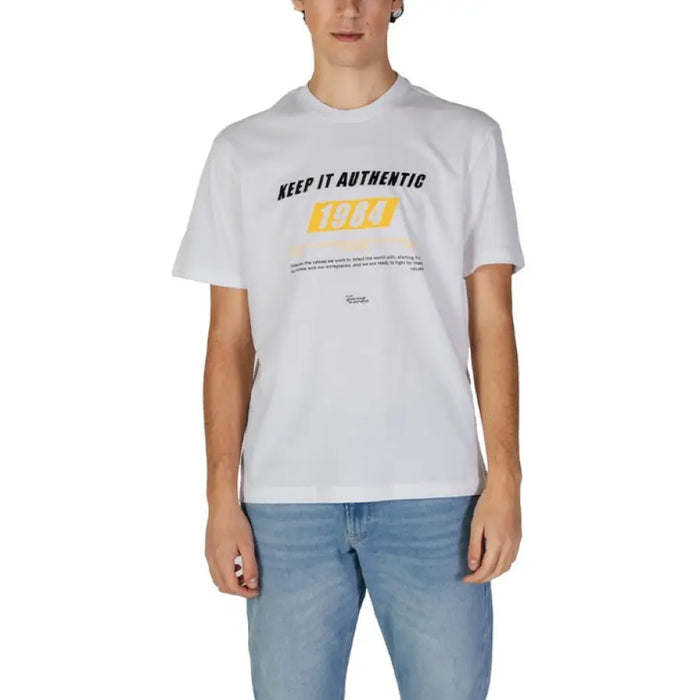 White Gas Men T-Shirt featuring KEEP IT AUTHENTIC text with yellow graphic design