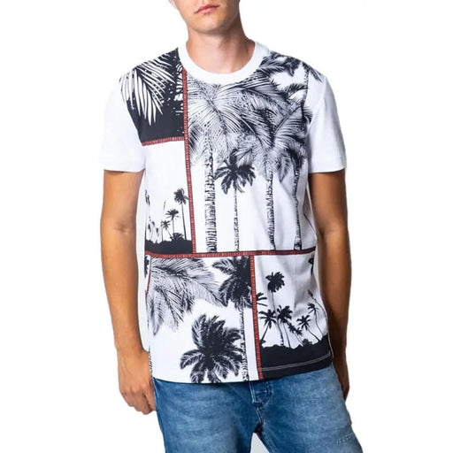 Bikkembergs Men T-Shirt: White with black and white palm tree print divided by red lines