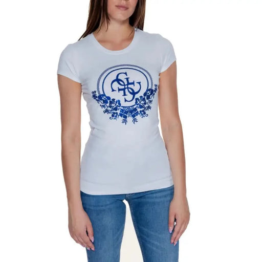 White Guess Women’s T-Shirt with blue circular logo and floral design